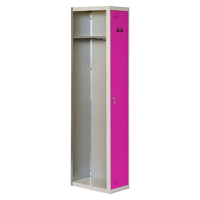 Simonrack Simonlocker Taquilla Single Adicional Desmontada - L x An x Al: 50 x 40 x 180 cm, Número de puertas: 1 ud., Gris/Rosa - Un marco de armario abierto con una puerta rosa, que ofrece una vista del interior con estanterías para el almacenamiento.