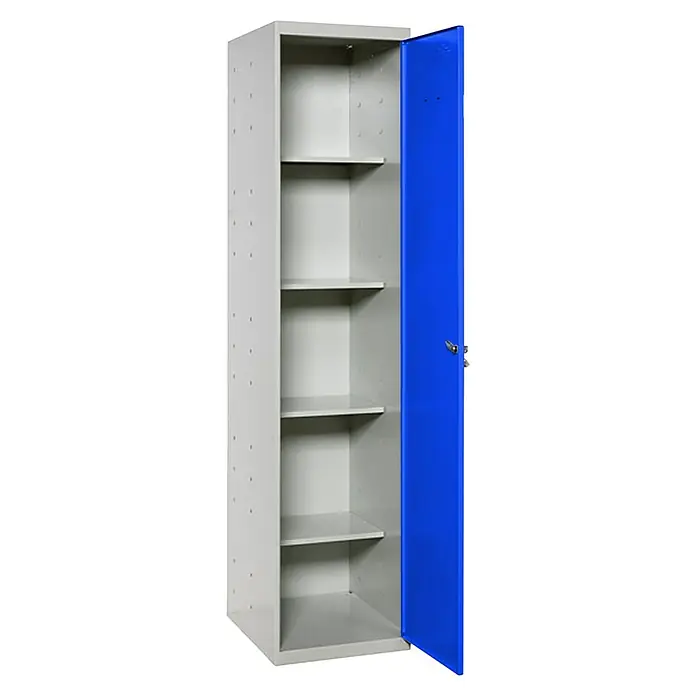 Simonrack Simonlocker Armario multiusos metálico Cleaning - L x An x Al: 40 x 40 x 180 cm, Número de puertas: 1 ud., Gris/Azul - Amplio armario de acero gris con puerta azul abierta y múltiples estantes ajustables, ideal para oficina o taller.