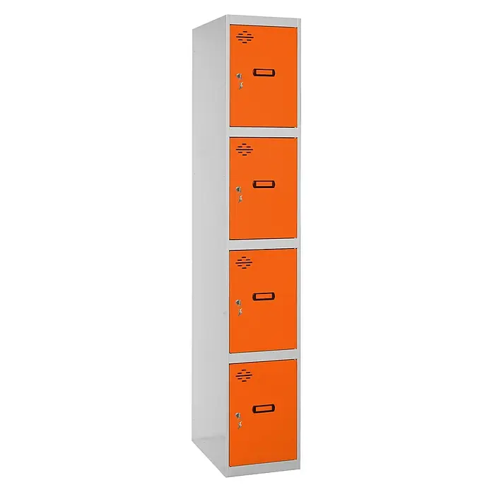 Simonrack Simonlocker Taquilla locker Prof. Doors - L x An x Al: 50 x 40 x 180 cm, Gris/Naranja, Número de puertas: 4 ud. - Taquilla metálica con cuatro compartimentos en naranja y gris. La taquilla tiene cerraduras y orificios de ventilación.