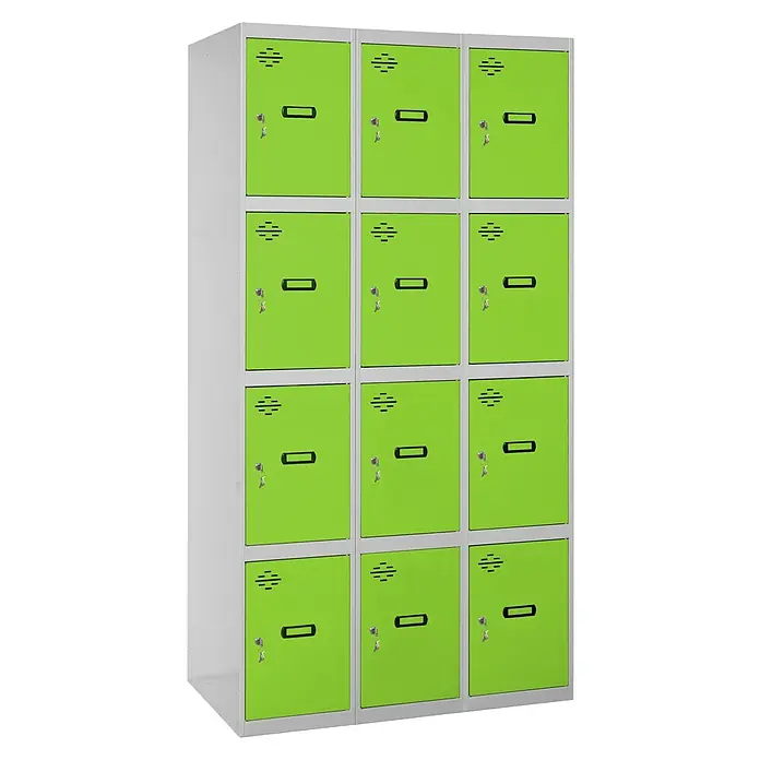 Simonrack Simonlocker Taquilla locker Prof. Doors - L x An x Al: 50 x 120 x 180 cm, Gris/Verde, Número de puertas: 12 ud. - Un armario de taquillas verde con doce compartimentos, ideal para guardar objetos personales en escuelas o lugares de trabajo.