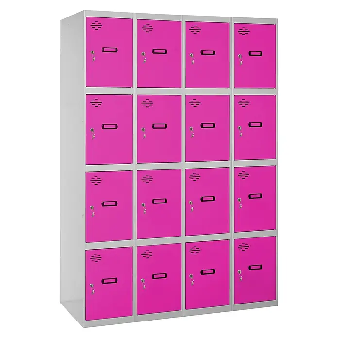 Simonrack Simonlocker Taquilla locker Prof. Doors - L x An x Al: 50 x 120 x 180 cm, Gris/Rosa, Número de puertas: 16 ud. - Taquilla con 16 compartimentos rosas dispuestos en cuatro filas, ideal para escuelas, gimnasios y oficinas, enmarcada en metal plateado.
