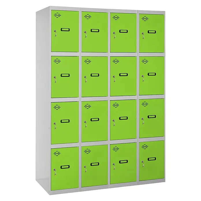 Simonrack Simonlocker Taquilla locker Prof. Doors - L x An x Al: 50 x 120 x 180 cm, Gris/Verde, Número de puertas: 16 ud. - Taquilla con 16 compartimentos verdes, ideal para escuelas u oficinas. Ofrece almacenamiento seguro con llaves para cada compartimento.