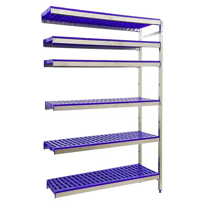 Simonrack Simoninox Metallregal Anbauelement - H x B x T: 200 x 166 x 40 cm, Traglast pro Boden: 180 kg, Anzahl Böden: 6 Stk., Stecken, Material Boden: Kunststoff - Mehrstufiges Regal mit lila Böden und silbernen Rahmen, ideal für Lagerung und Organisation. Das robuste Design bietet zuverlässige Stabilität.