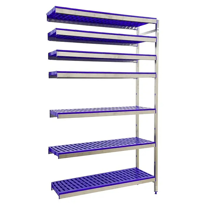 Simonrack Simoninox Metallregal Anbauelement - H x B x T: 200 x 166 x 40 cm, Traglast pro Boden: 180 kg, Anzahl Böden: 7 Stk., Stecken, Material Boden: Kunststoff - Hier ist ein Regal mit mehreren Ebenen und blauem Kunststoffboden auf silberfarbenen Metallrahmen für die Aufbewahrung von Gegenständen.