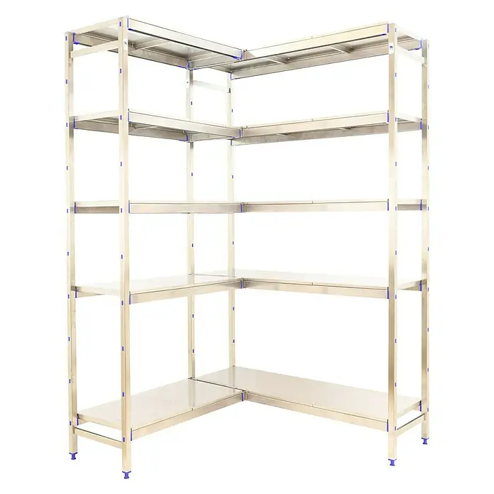 Simonrack Simoninox Abschlussregal - H x B x T: 200 x 176 x 50 cm, Traglast pro Boden: 200 kg, Anzahl Böden: 5 Stk., Stecken, Material Boden: Metall - Eckregal aus Metall mit Regalböden, ideal für Lagerung und Organisation. Robustes Design mit blauen Akzenten für zusätzlichen Stil.