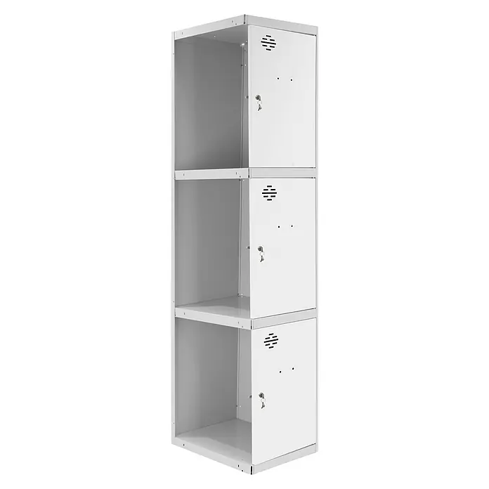 Simonrack Simonlocker Taquilla Doors Adicional Desmontada - Ancho: 30 cm, Número de puertas: 3 ud., Gris/Blanco - La imagen muestra un armario blanco de tres niveles, con compartimentos abiertos y puertas con llave.