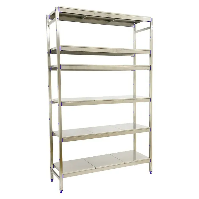 Simonrack Simoninox Metallregal Grundelement - H x B x T: 200 x 86 x 50 cm, Traglast pro Boden: 200 kg, Anzahl Böden: 6 Stk., Stecken, Material Boden: Edelstahl - Silbernes Metallregal mit sechs Ablagen, ideal zur Organisation von Gegenständen und zur Maximierung des Stauraums.