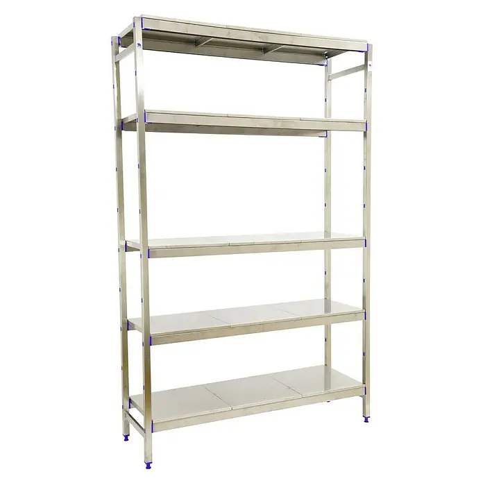 Simonrack Simoninox Metallregal Grundelement - H x B x T: 160 x 86 x 40 cm, Traglast pro Boden: 200 kg, Anzahl Böden: 5 Stk., Stecken, Material Boden: Edelstahl - Abbildung eines silberfarbenen Regals mit fünf Etagen und blauen Akzenten.
