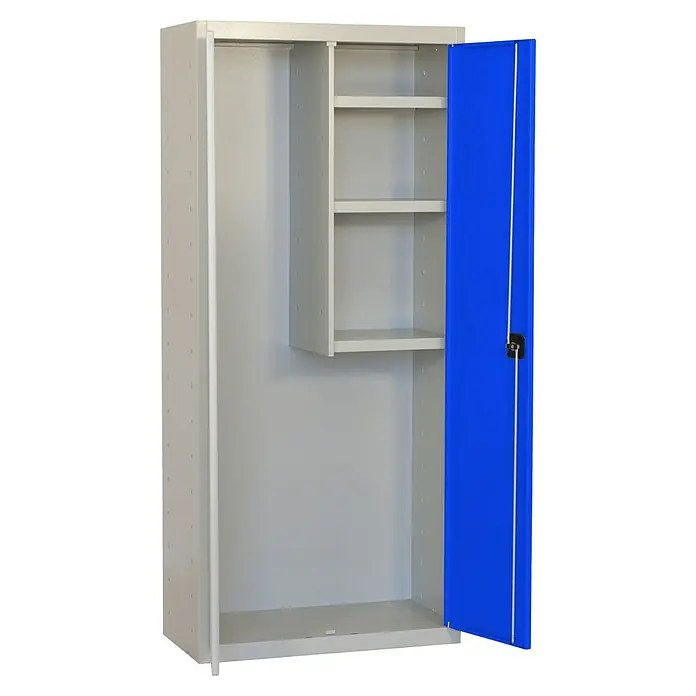 Simonrack Simonlocker Armario multiusos metálico Cleaning - L x An x Al: 40 x 80 x 180 cm, Número de puertas: 2 ud., Gris/Azul - Taquilla metálica abierta con puerta azul, interior dividido con barra de colgar y estantes. Ideal para guardar ropa y objetos.