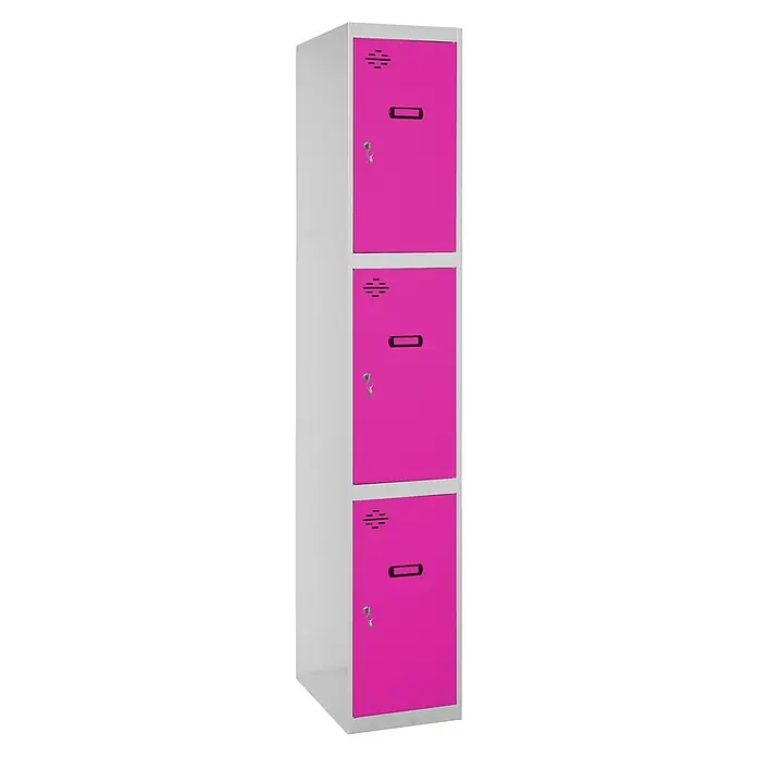 Simonrack Simonlocker Taquilla locker Prof. Doors - L x An x Al: 50 x 30 x 180 cm, Gris/Rosa, Número de puertas: 3 ud. - Taquilla de tres niveles con puertas rosas y estructura gris, ideal para guardar objetos personales en escuelas o instalaciones deportivas.