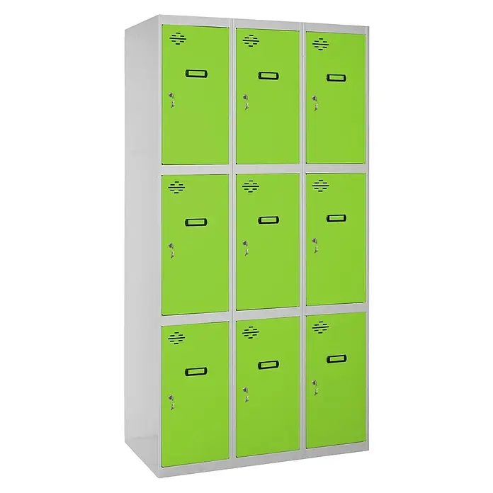 Simonrack Simonlocker Taquilla locker Prof. Doors - L x An x Al: 50 x 120 x 180 cm, Gris/Verde, Número de puertas: 9 ud. - La imagen muestra un casillero verde con nueve compartimentos. El casillero es de metal y tiene un borde gris.