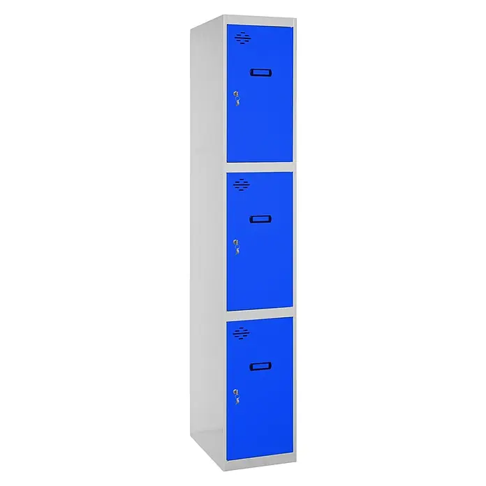 Simonrack Simonlocker Taquilla locker Prof. Doors - L x An x Al: 50 x 30 x 180 cm, Gris/Azul, Número de puertas: 3 ud. - Un armario metálico azul de tres niveles con ranuras de ventilación y llaves en cada puerta. Perfecto para vestuarios o áreas de almacenamiento.