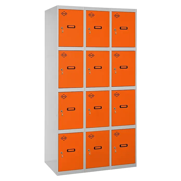 Simonrack Simonlocker Taquilla locker Prof. Doors - L x An x Al: 50 x 120 x 180 cm, Gris/Naranja, Número de puertas: 12 ud. - Un armario naranja con doce compartimentos y marcos grises para un almacenamiento seguro. Perfecto para escuelas y clubes deportivos.