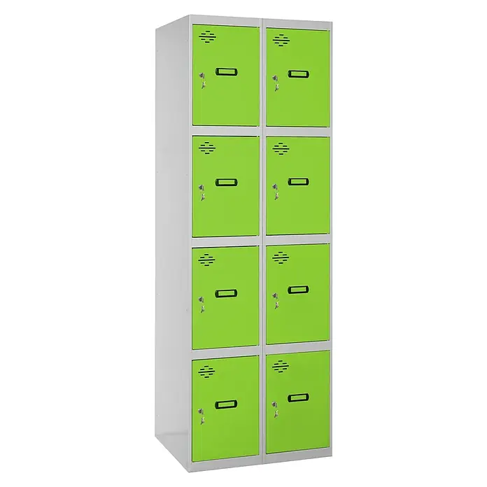 Simonrack Simonlocker Taquilla locker Prof. Doors - L x An x Al: 50 x 80 x 180 cm, Número de puertas: 8 ud., Gris/Verde - Imagen de un armario de taquillas verde con ocho compartimentos, ideal para escuelas o vestuarios, que ofrece un almacenamiento seguro con llaves.
