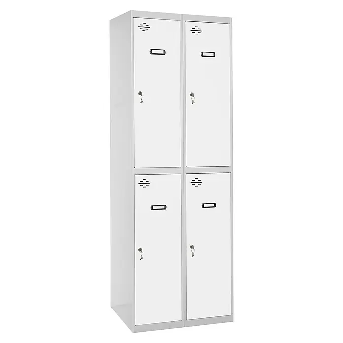 Simonrack Simonlocker Taquilla Prof. Tandem - L x An x Al: 50 x 80 x 180 cm, Gris/Blanco, Número de puertas: 4 ud. - Taquilla: Primer plano de una taquilla metálica gris con cuatro puertas, cada una equipada con cerradura y ranuras de ventilación.