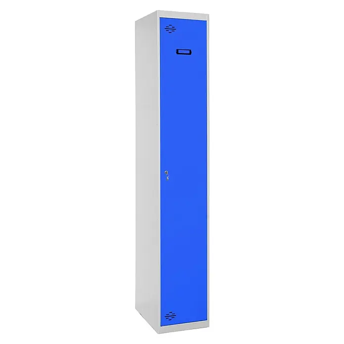 Simonrack Simonlocker Taquilla Prof. Single - L x An x Al: 50 x 40 x 180 cm, Número de puertas: 1 ud., Gris/Azul - Taquilla individual en azul y gris. La taquilla metálica cuenta con cerradura, ranuras de ventilación y asa.