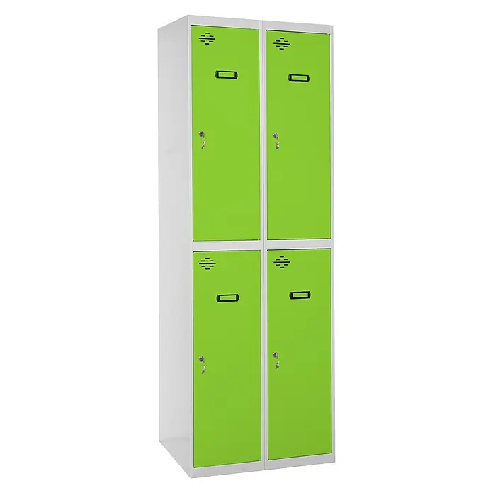 Simonrack Simonlocker Taquilla Prof. Tandem - L x An x Al: 50 x 80 x 180 cm, Gris/Verde, Número de puertas: 4 ud. - Imagen de un armario verde y blanco con cuatro puertas y llaves, ideal para escuelas o vestuarios.
