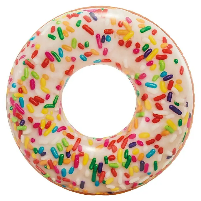 Intex Aro flotador Donut - Plástico, Multicolor - Un donut inflable con glaseado blanco y confeti de colores sobre un fondo negro.