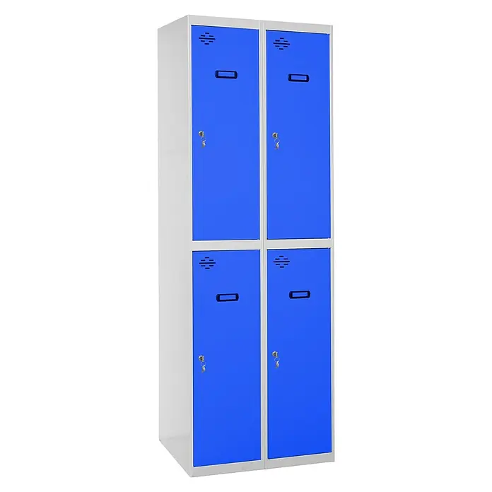 Simonrack Simonlocker Taquilla Prof. Tandem - L x An x Al: 50 x 80 x 180 cm, Gris/Azul, Número de puertas: 4 ud. - Un armario azul con cuatro compartimentos y paneles laterales grises, ideal para almacenamiento. Las puertas están equipadas con llaves.