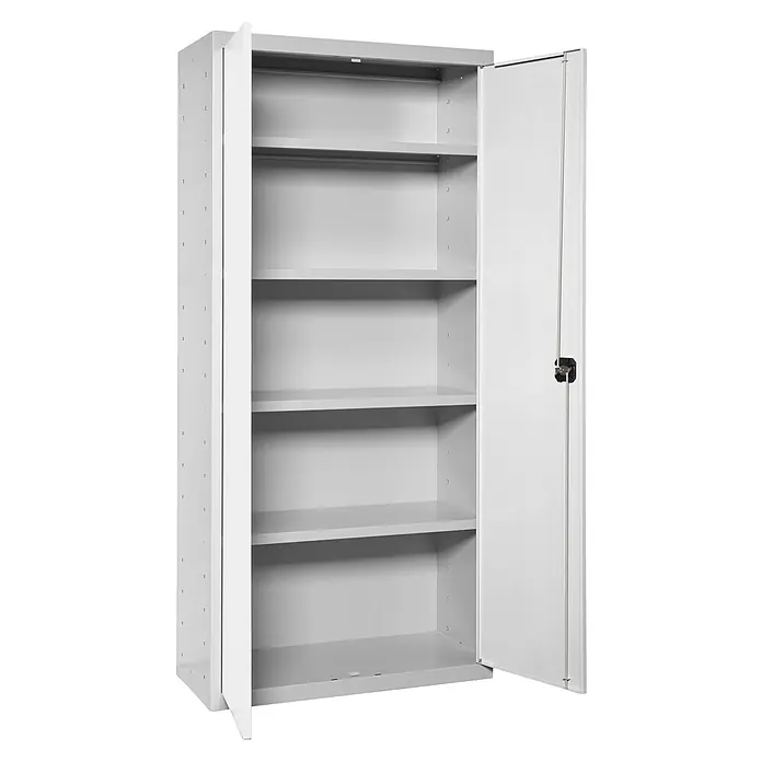 Simonrack Simonlocker Armario multiusos metálico Multi Professional - L x An x Al: 40 x 80 x 180 cm, Número de puertas: 2 ud., Gris/Blanco - Armario de acero gris con puertas abiertas y múltiples estantes, perfecto para guardar objetos en la oficina o almacén.