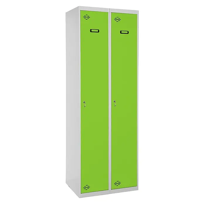 Simonrack Simonlocker Taquilla Prof. Single-Divider - L x An x Al: 50 x 100 x 180 cm, Número de puertas: 2 ud., Gris/Verde - Taquilla doble de metal verde y blanco con ranuras de ventilación y cerraduras para escuelas, gimnasios u oficinas.