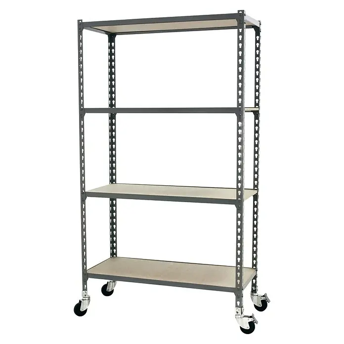 Simonrack Maderclick Estantería metálica Mobile - Al x An x Pr: 157,5 x 90 x 30 cm, Número de baldas: 4 ud., Inserción, Gris - Imagen de una estantería metálica gris con cuatro estantes y ruedas para facilitar su movilidad. Ideal para almacenamiento y organización.