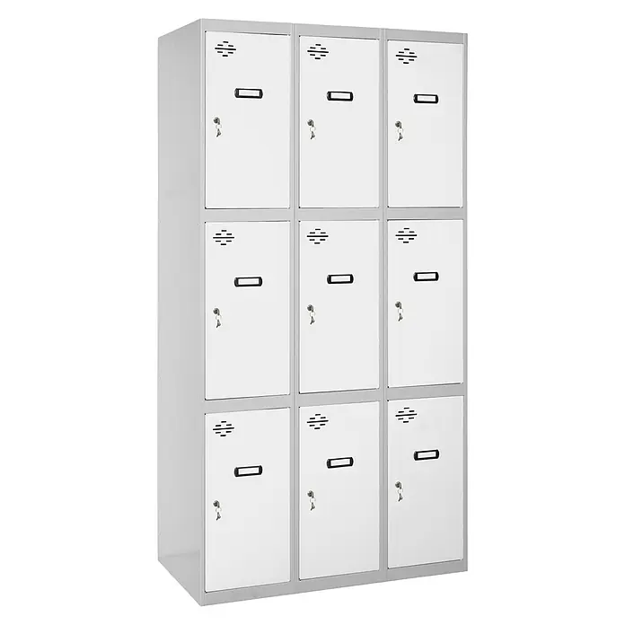 Simonrack Simonlocker Taquilla locker Prof. Doors - L x An x Al: 50 x 120 x 180 cm, Gris/Blanco, Número de puertas: 9 ud. - La imagen muestra un armario de taquillas gris claro con nueve compartimentos y cerraduras, ideal para escuelas o vestuarios.