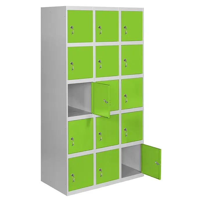 Simonrack Simonlocker Taquilla locker Prof. Doors - L x An x Al: 50 x 90 x 180 cm, Gris/Verde, Número de puertas: 15 ud. - Taquillas metálicas verdes con múltiples compartimentos y llaves para un almacenamiento seguro, ideal para escuelas u oficinas.