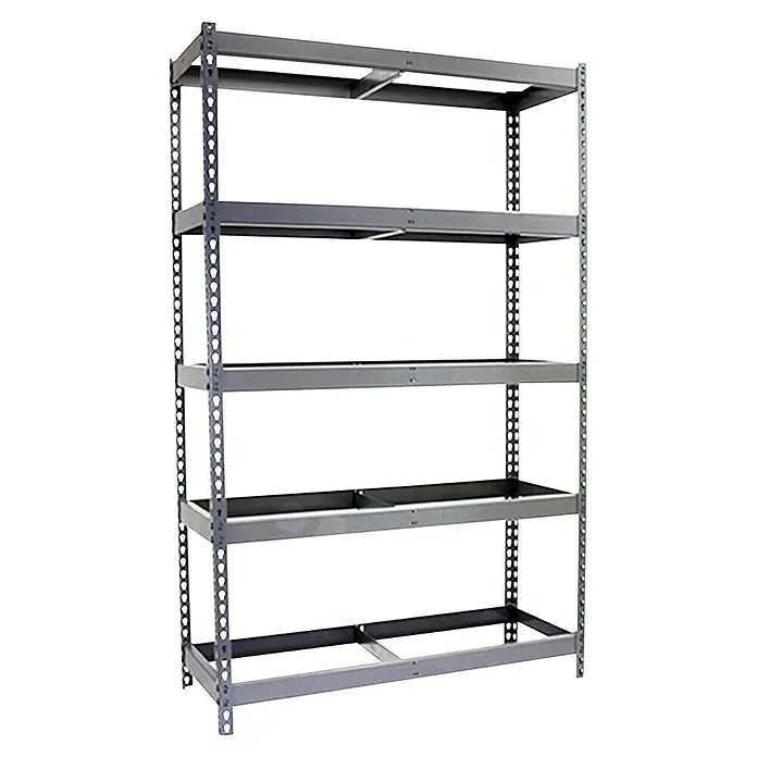 Simonrack Ecoforte Estantería para cargas pesadas Metal - Al x An x Pr: 200 x 180 x 75 cm, Número de baldas: 5 ud., Atornillado, Galvanizado, Capacidad de carga por balda: 400 kg, Bandejas no incluidas - Imagen de una estantería metálica gris de cinco niveles, adecuada para fines de almacenamiento y ofrece un amplio espacio.