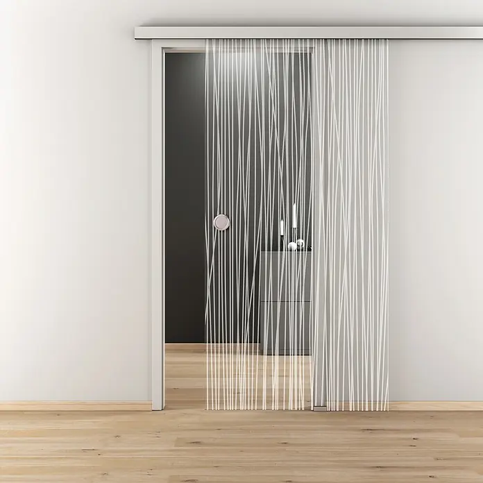 Diamond Doors Glasschiebetür 551 - 935 x 2.058 mm, Einscheibensicherheitsglas (ESG), Klarglas - Eine moderne Schiebetür mit einem abstrakten weißen Streifenmuster auf Glas, ideal für stilvolle Raumtrennung.