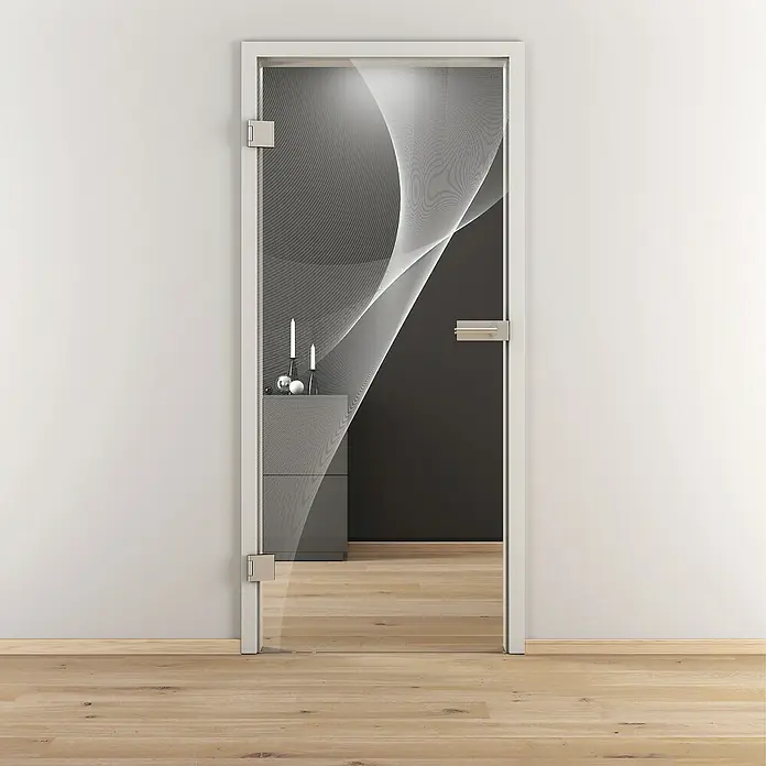 Diamond Doors Glasdrehtür 623 - 709 x 1.972 mm, DIN Anschlag: Links, Klarglas - Elegante Glastür mit modernem Design. Die Tür ist mit einem stilvollen Muster versehen und bietet einen Blick in den dahinterliegenden Raum.