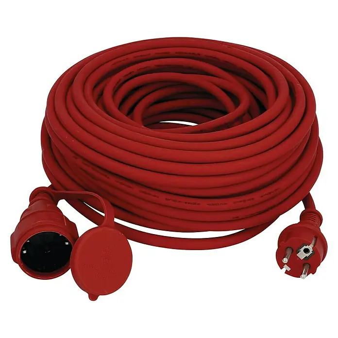 Verlängerungskabel - 25 m, Rot, IP44, H05RR-F - Rolle aus rotem Stromkabel mit Schutzkontaktstecker und -kupplung, ideal für den Außenbereich mit spritzwassergeschützten Komponenten.