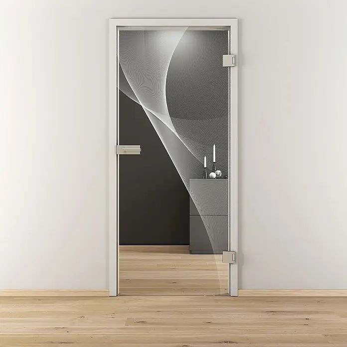Diamond Doors Glasdrehtür 623 - 834 x 1.972 mm, DIN Anschlag: Rechts, Klarglas - Eine moderne Glastür mit einem eleganten, abstrakten Design, das Licht und Privatsphäre stilvoll kombiniert.