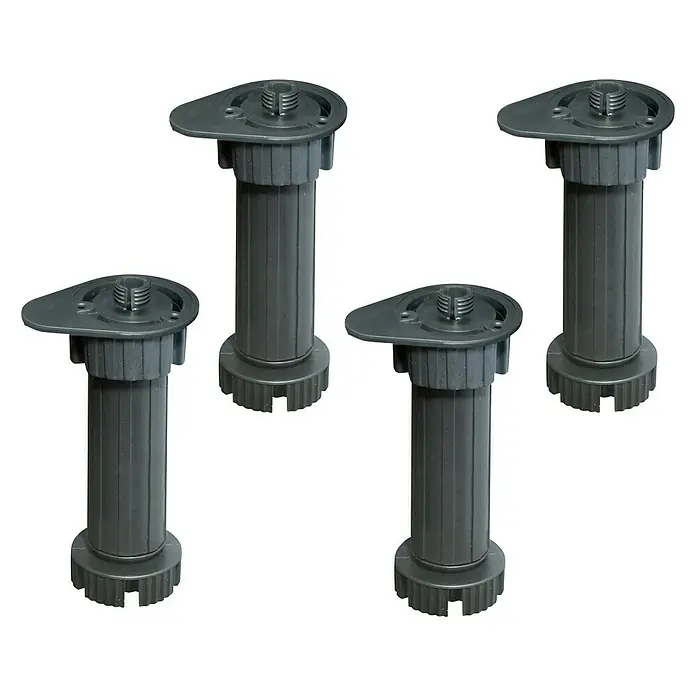 Set de patas de mueble de cocina regulables - Ø x Al: 60 x 200 mm, Negro, Polipropileno, 4 ud. - Cuatro patas de muebles grises ajustables, ideales para armarios y estanterías, que garantizan la estabilidad en superficies irregulares.