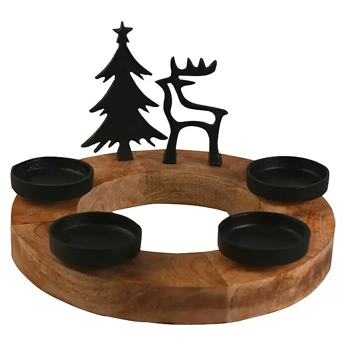 Adventskranz mit Tanne und Elch - 30 x 17 cm, Naturfarbe, Schwarz, Holz - Hölzerner Adventskranz mit vier schwarzen Kerzenhaltern, schwarzem Metall-Weihnachtsbaum und Rentier-Dekoration.