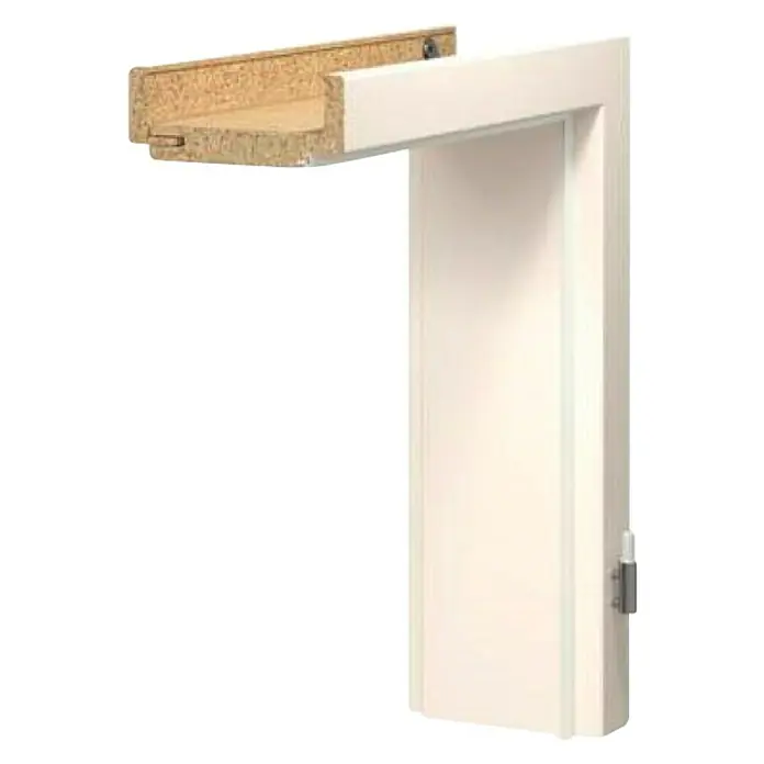 GetaDoor Laminit Türzarge GL 223 - 860 x 1.985 mm, Wandstärke: 165 mm, DIN Anschlag: Rechts, Weiß seidenmatt - Nahaufnahme eines weißen Türrahmens mit sichtbarer Holzkonstruktion, ideal für Innenräume und Neubauten.