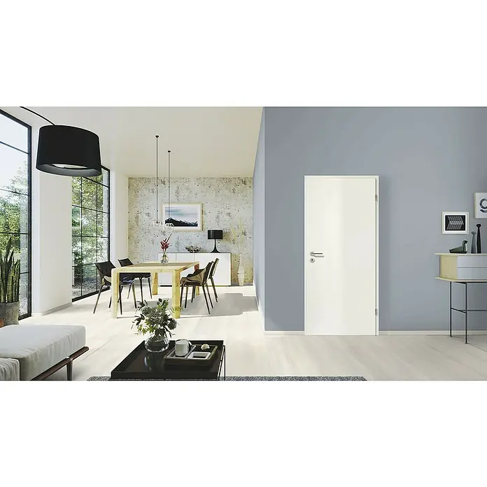 GetaDoor Laminit Türzarge GL 222 - 735 x 1.985 mm, Wandstärke: 270 mm, DIN Anschlag: Rechts, Arctic Weiß - Ein schlichtes, weißes Innentürdesign mit modernem Türgriff fügt sich nahtlos in ein stilvolles Interieur mit grauem Farbakzent ein.