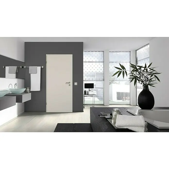 GetaDoor Laminit Zimmertür GL 223 - 860 x 1.985 mm, DIN Anschlag: Links, Weiß seidenmatt, Röhrenspan - Innenaufnahme eines modernen Badezimmers mit klaren Linien, Waschtischen, Handtüchern und einer Tür in hellem Farbton. Ein ruhiger, stilvoller Raum.