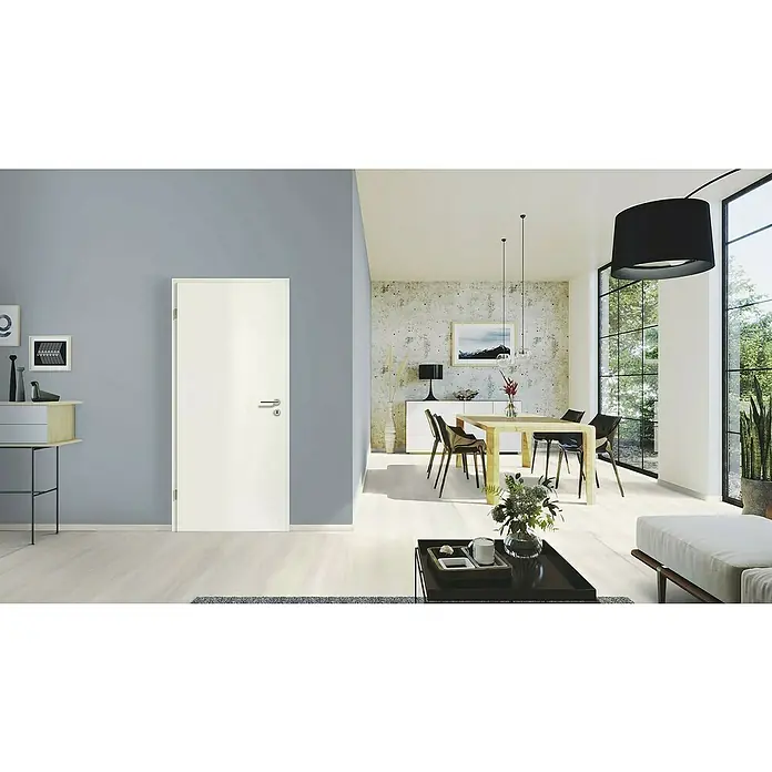 GetaDoor Laminit Türzarge GL 222 - 735 x 1.985 mm, Wandstärke: 270 mm, DIN Anschlag: Links, Arctic Weiß - Helle Innentür mit schlichtem Design. Die Tür harmoniert mit der modernen Einrichtung und dem hellen Holzboden.