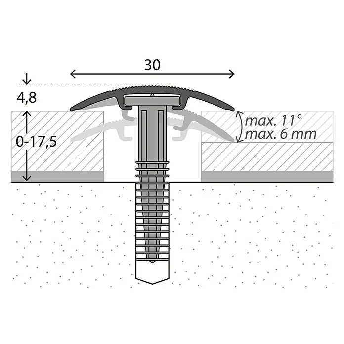 LOGOCLIC Übergangsprofil 201 - Eiche Grau, 0,9 m x 30 mm, Montageart: Schrauben - Abbildung eines Bodenprofils mit den Maßen 30 mm Breite und 4,8 mm Höhe, geeignet für Beläge mit einer Stärke von 0-17,5 mm.