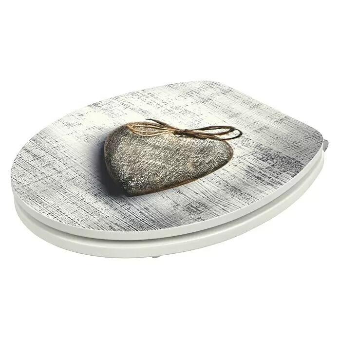 Poseidon Tapa de WC Heart - MDF, Gris, Con caída amortiguada - Tapa de inodoro con patrón de madera blanca envejecida y corazón decorativo.