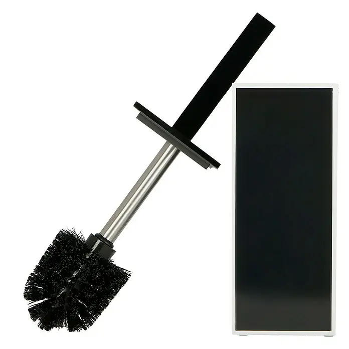Camargue Couture WC-Bürstengarnitur - Polyresin, Schwarz/Weiß - Abgebildet ist eine Toilettenbürste mit schwarzem Bürstenkopf, einem silberfarbenen Stiel und einem schwarzen Griff, zusammen mit einem zugehörigen Behälter.