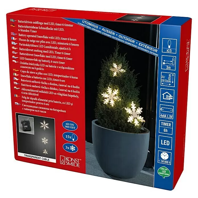Konstsmide LED-Lichtervorhang Schneeflocken - Außen, 3,67 m, Warmweiß, 15 Stk., Batteriebetrieben - Batteriebetriebene LED-Lichterkette mit 15 weißen Schneeflocken an einem 3m transparenten Kabel, mit 6-Stunden-Timer, ideal für Außendekoration.