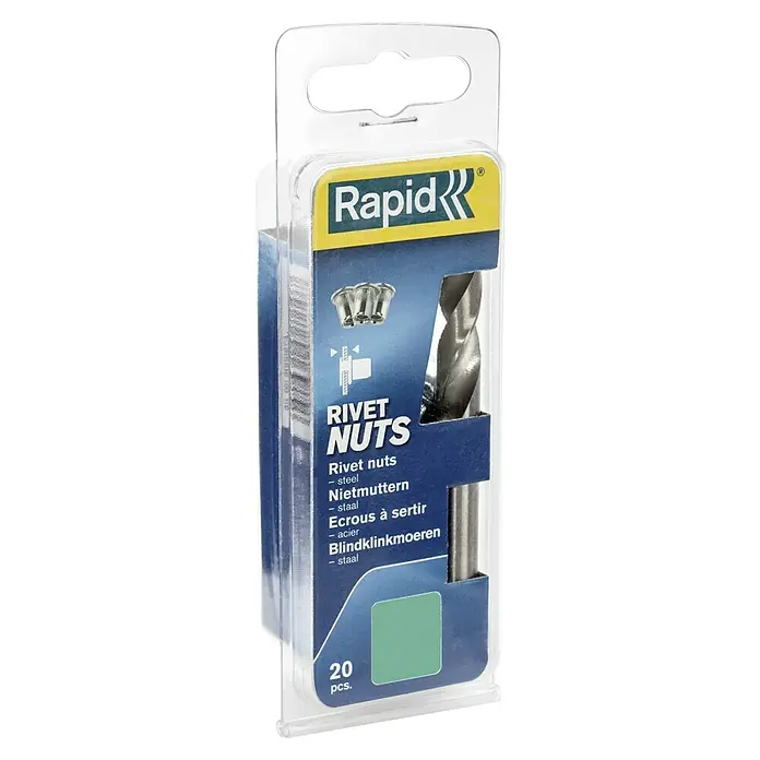 Rapid Blindnietmutter - M 4, 20 Stk. - Bild einer Packung Rapid Nietmuttern aus Stahl mit Bohrer.