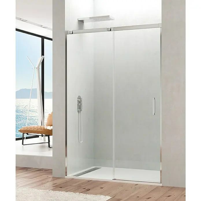 GME Mampara de ducha frontal Temple - 125 x 195 cm, Espesor de vidrio: 6 mm, Plata brillo - Imagen de un baño moderno con una elegante mampara de ducha con puerta corredera, destacando el diseño contemporáneo y la funcionalidad.
