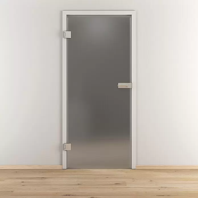 Diamond Doors Glasdrehtür Grey - 834 x 1.972 mm, DIN Anschlag: Links, Satiniertes Glas - Eine moderne Innentür mit weißem Rahmen und satiniertem Glas, versehen mit silbernen Scharnieren und einem eleganten Griff.