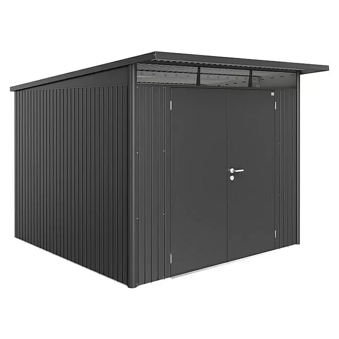 Biohort AvantGarde Gerätehaus AvantGarde A7 - Außenmaß inkl. Dachüberstand (B x T): 260 x 300 cm, Stahl, Dunkelgrau Metallic, Doppeltür - Diagonale Ansicht