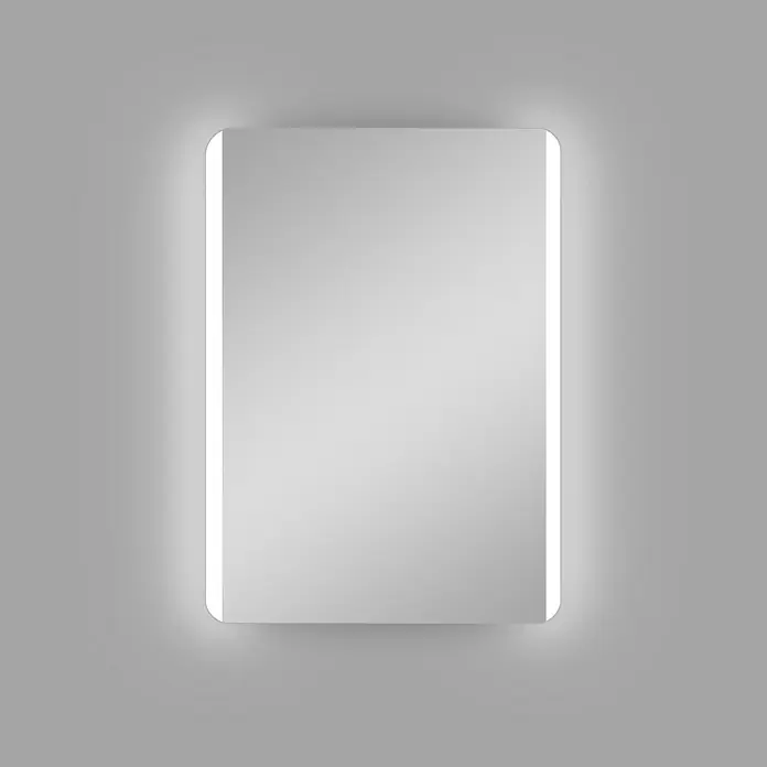 DSK Lichtspiegel Chrystal Bonito - 50 x 70 cm, Silber, Leuchtmittel - Dieser Artikel zeigt einen rechteckigen Spiegel mit abgerundeten Ecken und integrierter LED-Beleuchtung, die ein sanftes Umgebungslicht erzeugt.