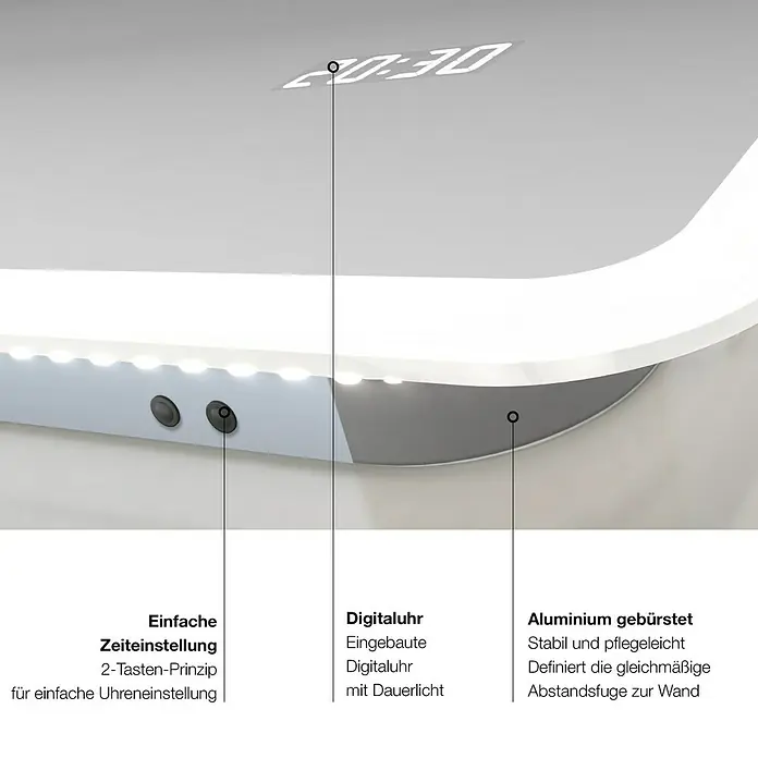 DSK Lichtspiegel Silver Sintra - 80 x 70 cm - Produktansicht einer modernen LED-Wanduhr mit digitaler Zeitanzeige, Aluminiumgehäuse und einfacher Zeiteinstellung.