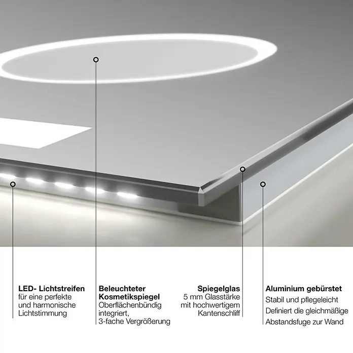 DSK Lichtspiegel Silver Rey - 60 x 70 cm, Silber, Leuchtmittel - Nahaufnahme eines beleuchteten Kosmetikspiegels mit LED-Lichtstreifen, Aluminiumrahmen und 3-facher Vergrößerung für perfekte Lichtstimmung.